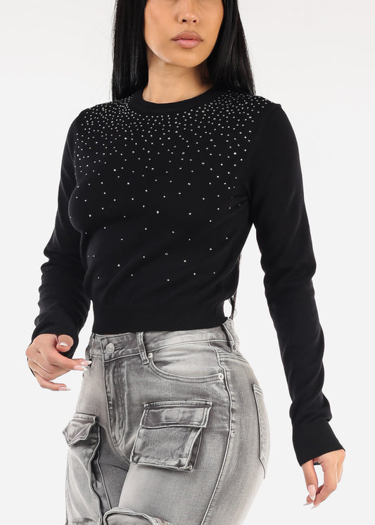 Black Crewneck Sweater Top W Rhinestones