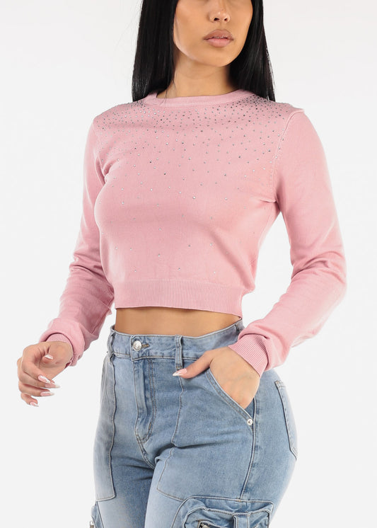 Crewneck Sweater Top Light Pink W Rhinestones