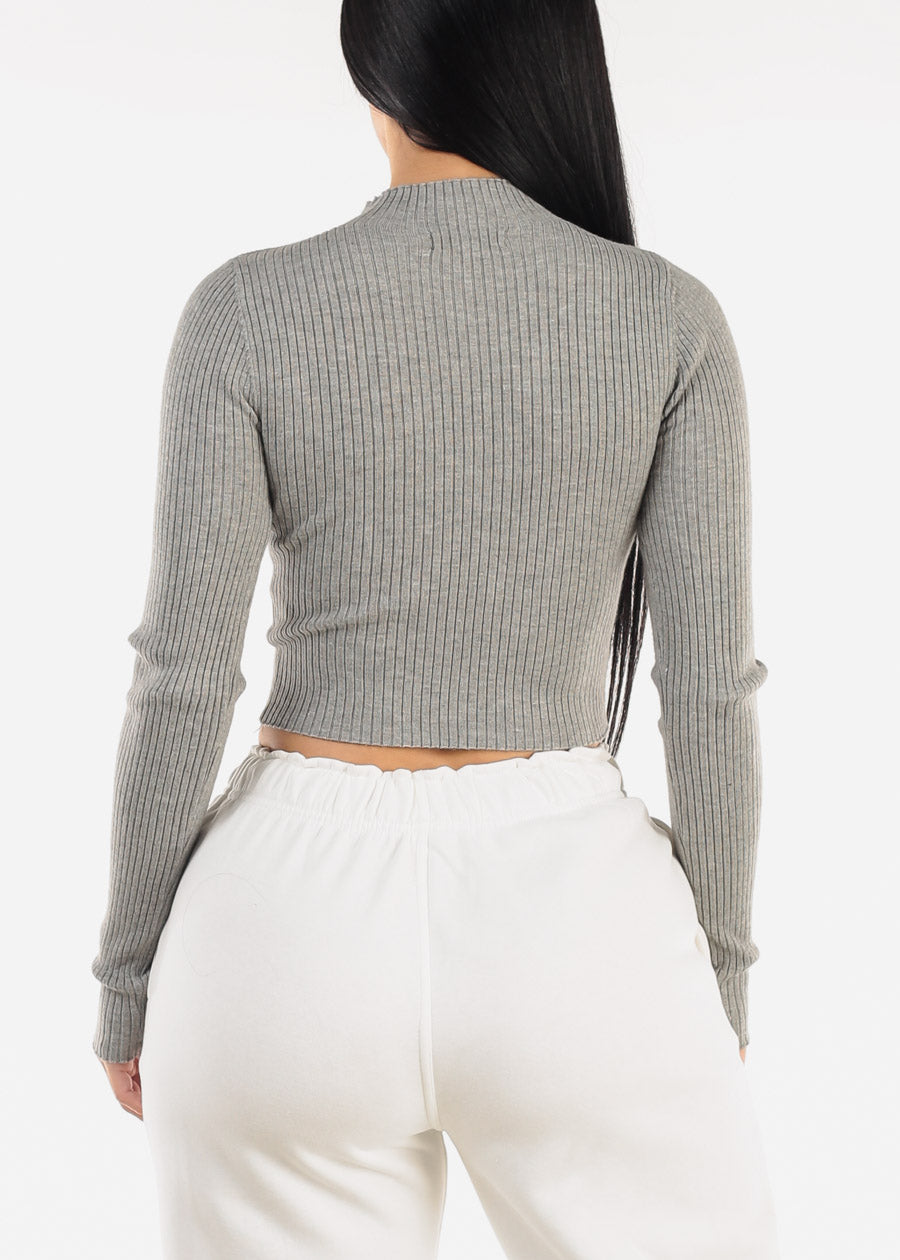 Mock Neck Ribbed Crop Sweater Top Grey