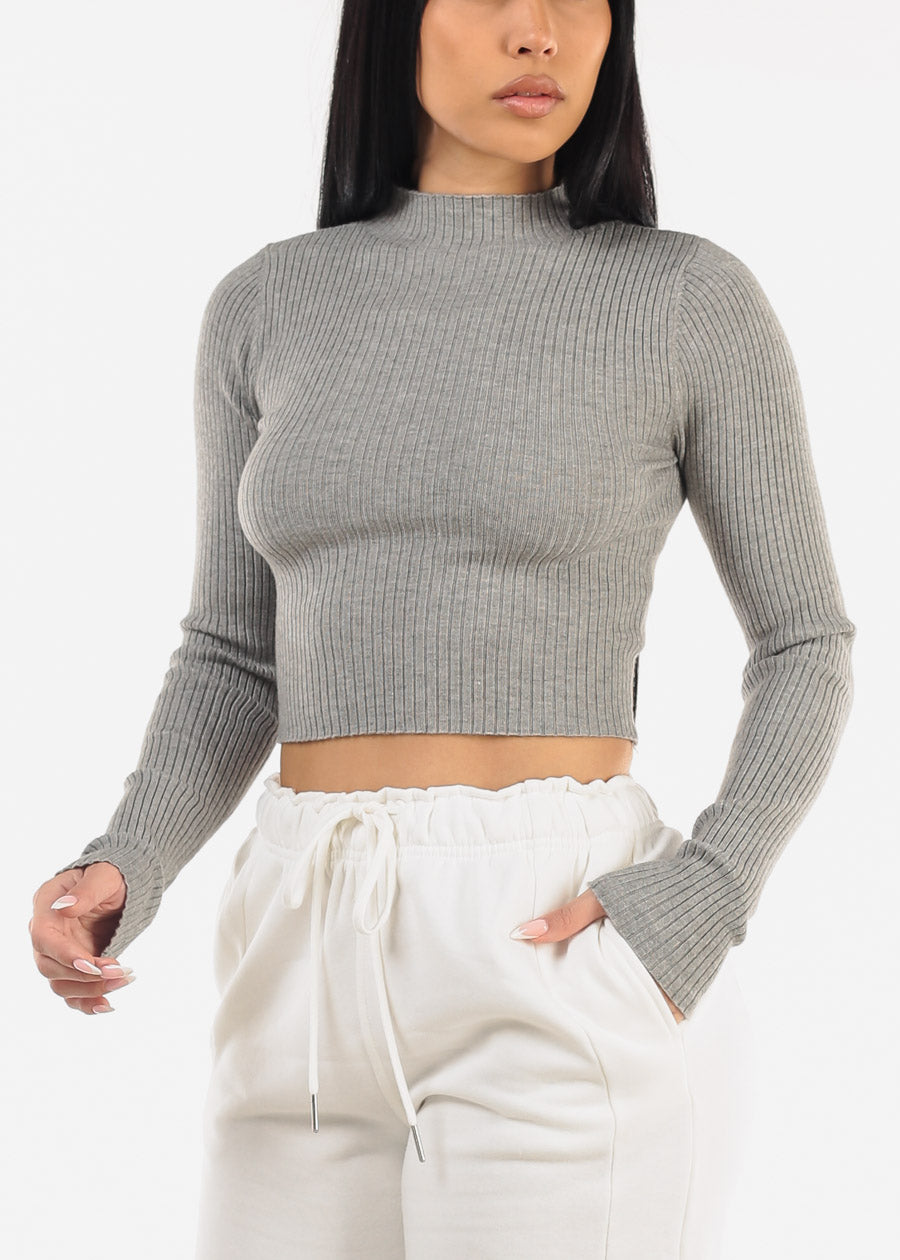 Mock Neck Ribbed Crop Sweater Top Grey