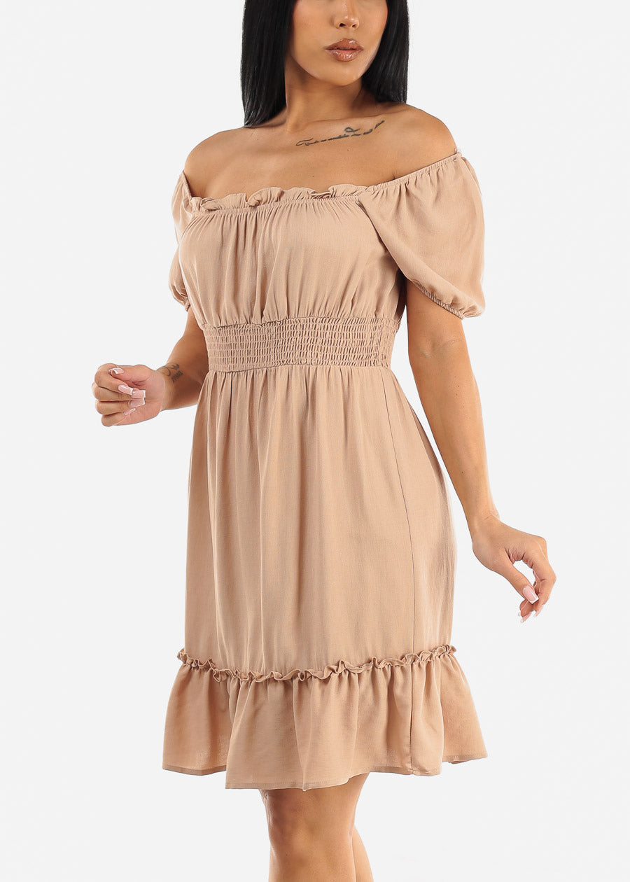 Off Shoulder Smock Waist Mini Dress Taupe