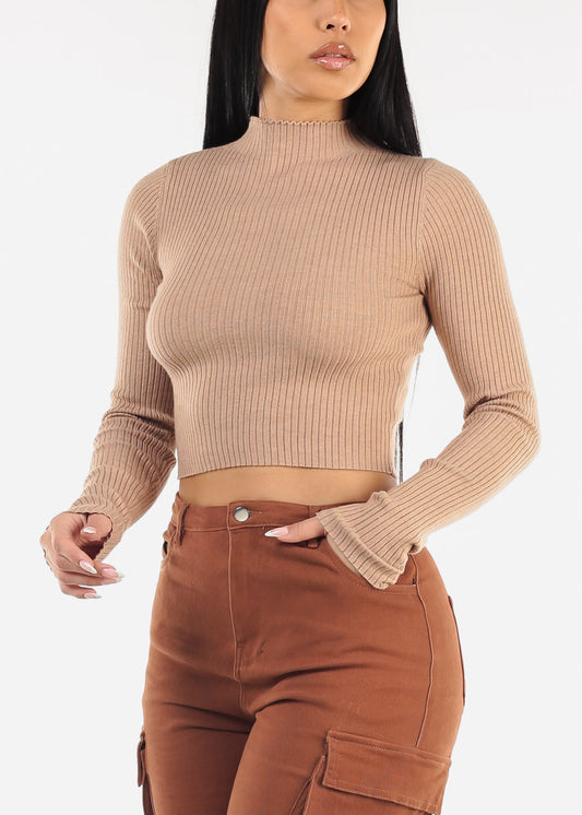 Mock Neck Ribbed Crop Sweater Top Khaki