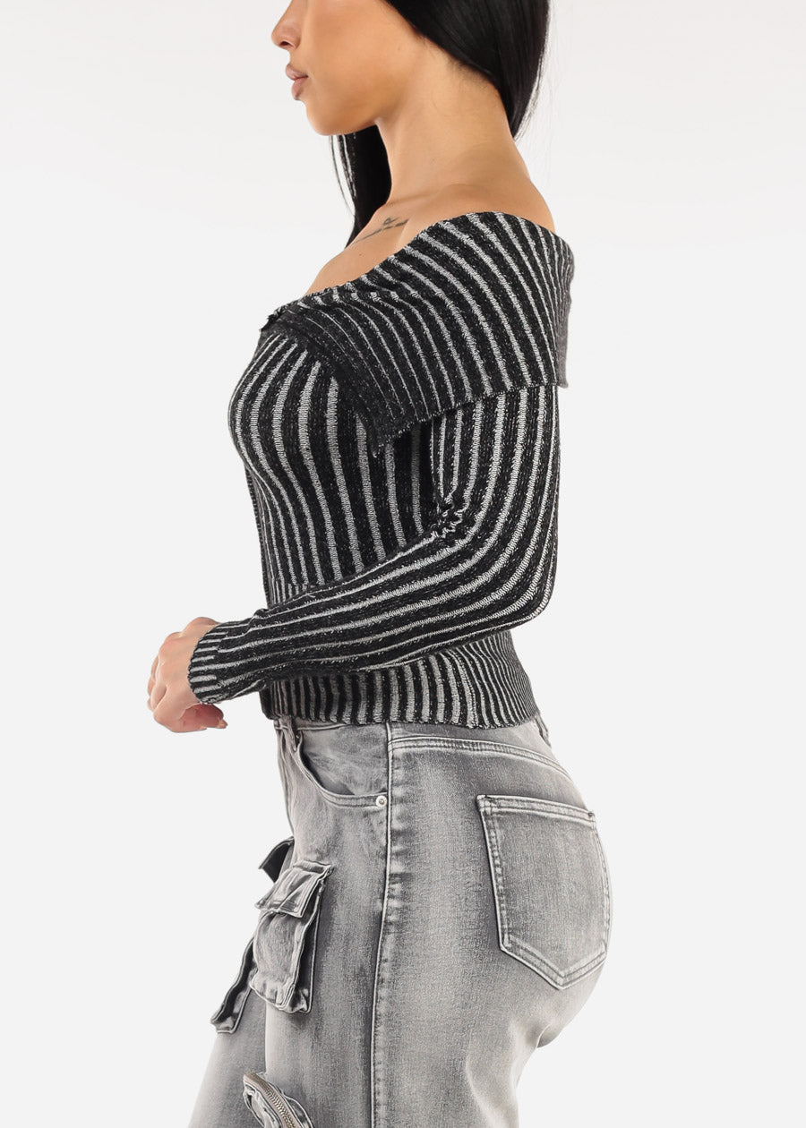 Off Shoulder Zip Up Stripe Sweater Black