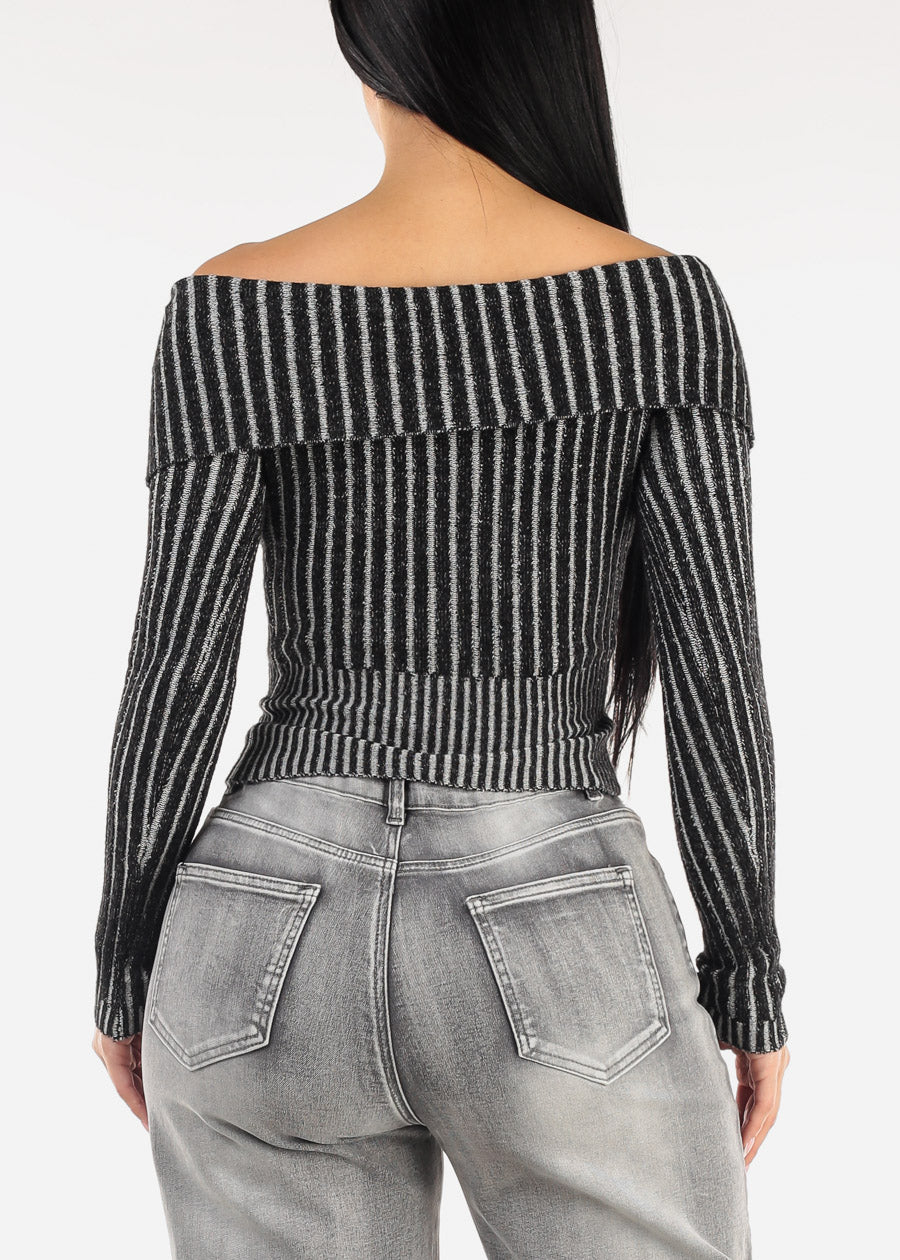 Off Shoulder Zip Up Stripe Sweater Black