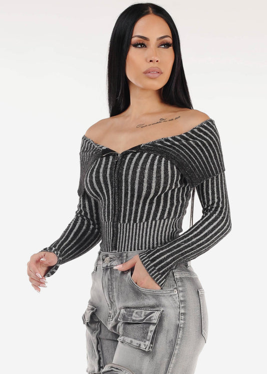 Off Shoulder Zip Up Stripe Sweater Black