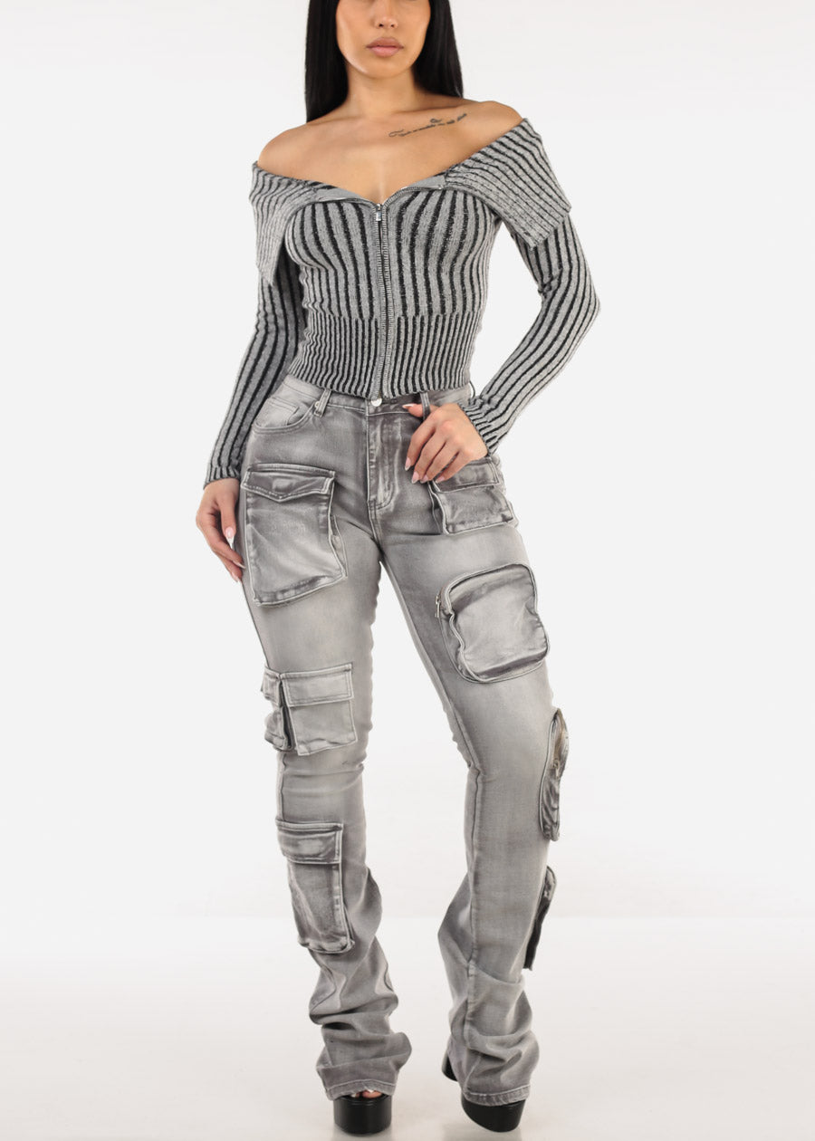 Off Shoulder Zip Up Stripe Sweater Grey