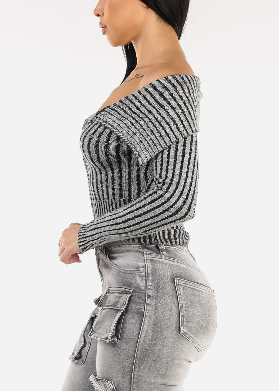 Off Shoulder Zip Up Stripe Sweater Grey