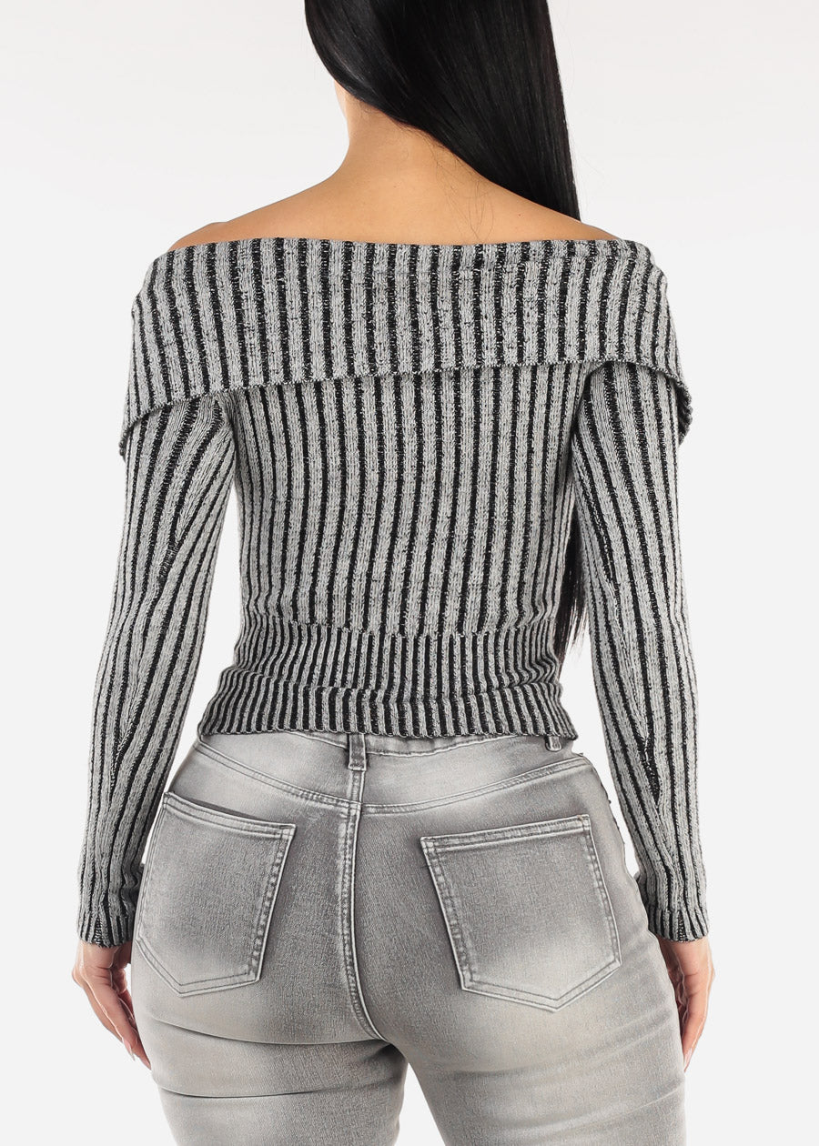 Off Shoulder Zip Up Stripe Sweater Grey