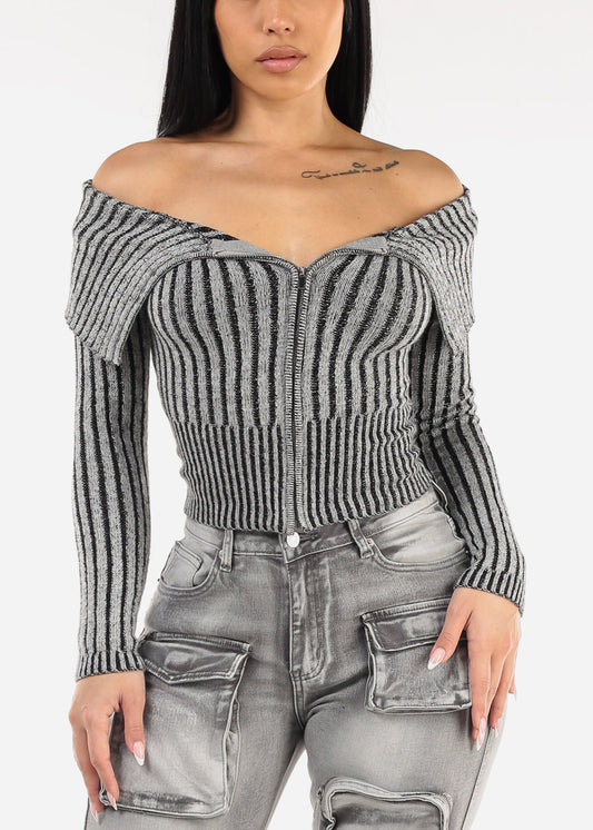 Off Shoulder Zip Up Stripe Sweater Grey