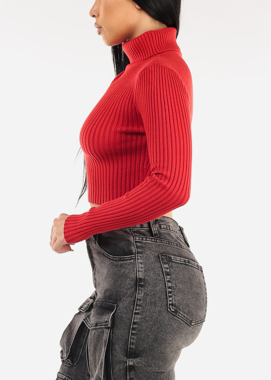 Ribbed Turtleneck Cropped Sweater Red