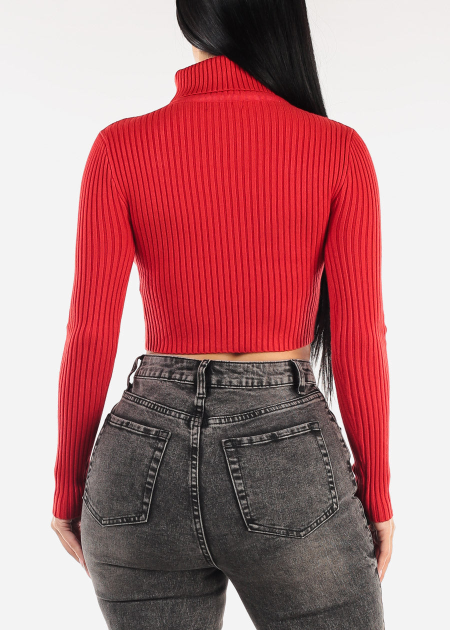 Ribbed Turtleneck Cropped Sweater Red