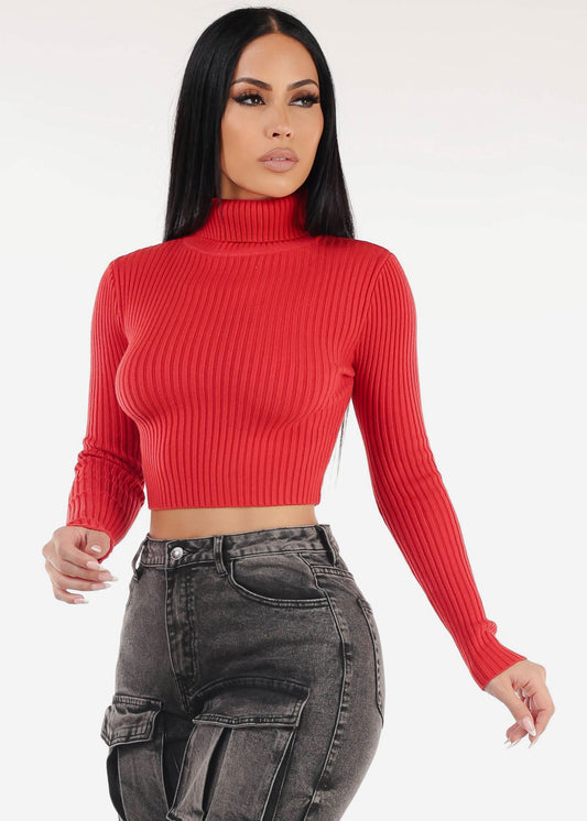 Ribbed Turtleneck Cropped Sweater Red