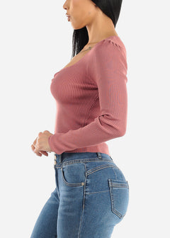 Ribbed Long Sleeve Sweater Crop Top Mauve