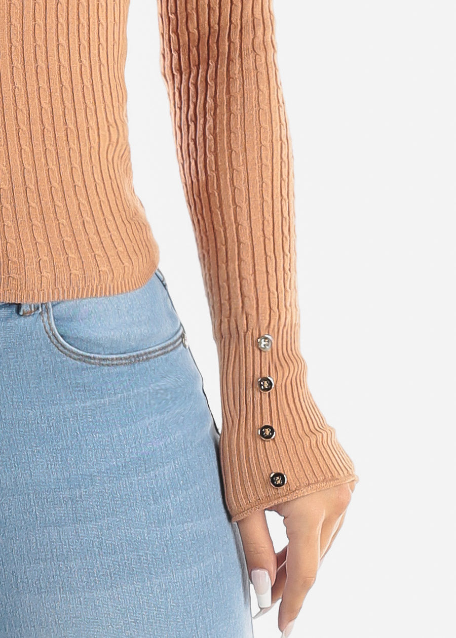 Long Sleeve Fitted Ribbed Knit Sweater Camel