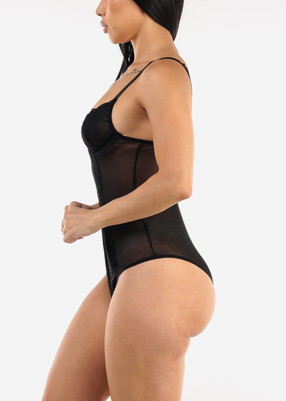 Black Sweetheart Neckline Lace Mesh Thong Bodysuit