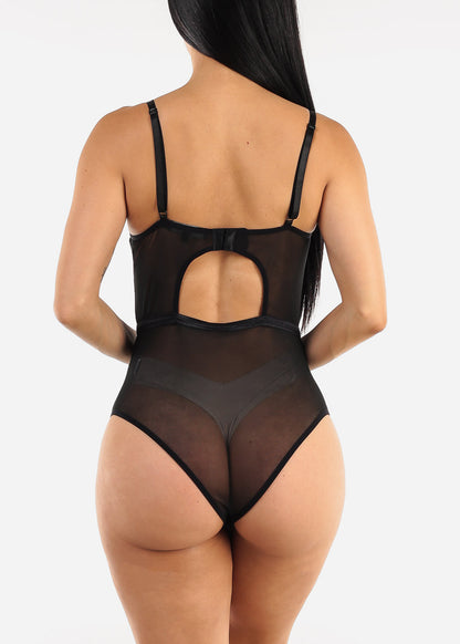 Black Sweetheart Neckline Lace Mesh Thong Bodysuit