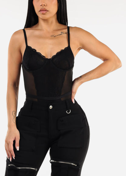 Black Sweetheart Neckline Lace Mesh Thong Bodysuit