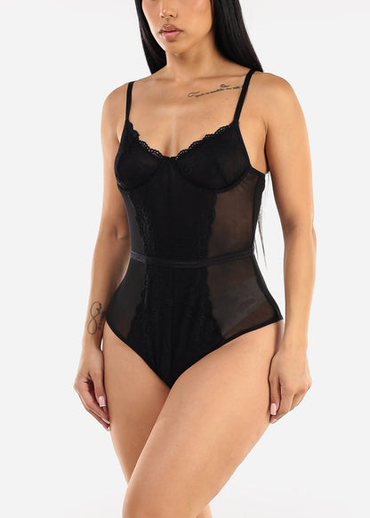 Black Sweetheart Neckline Lace Mesh Thong Bodysuit