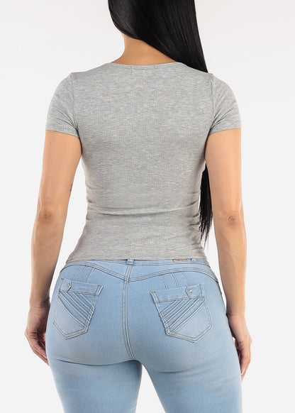 Stretchy Short Sleeve Vneck Ribbed Tee Grey