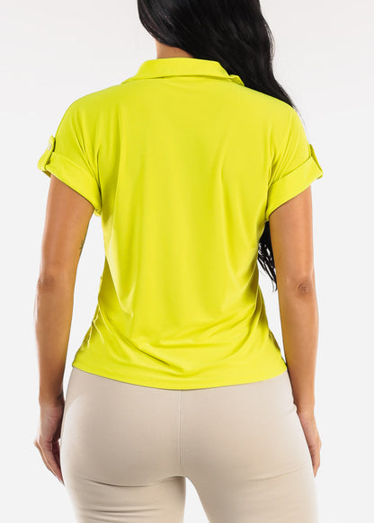 Short Sleeve Button Up Stretch Collared Blouse Lime