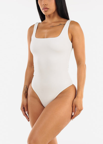Wide Square Neck Ribbed Thong Bodysuit Cream