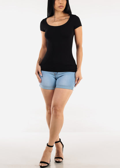 Short Sleeve Round Neck Stretch Ribbed Top Black