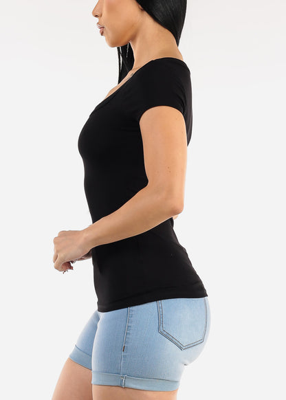 Short Sleeve Round Neck Stretch Ribbed Top Black