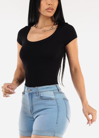 Short Sleeve Round Neck Stretch Ribbed Top Black