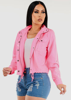 Drawstring Waist Zip Up Jacket Neon Pink