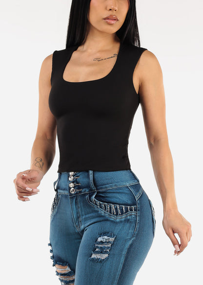 Sleeveless Square Neck Ribbed Top Black