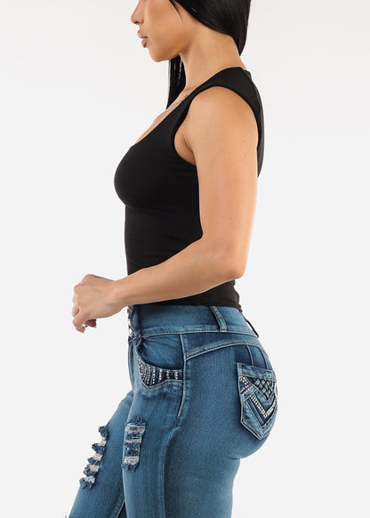 Sleeveless Square Neck Ribbed Top Black