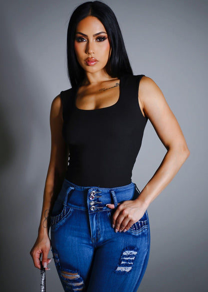 Sleeveless Square Neck Ribbed Top Black