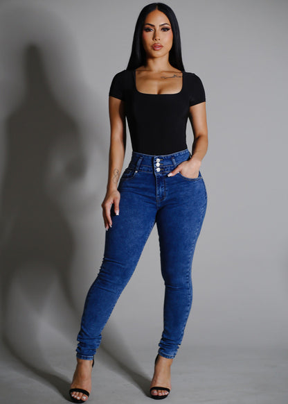 Black Short Sleeve Square Neck Stretch Thong Bodysuit