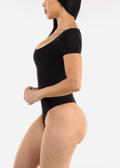 Black Short Sleeve Square Neck Stretch Thong Bodysuit