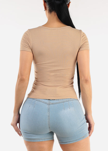 Short Sleeve Vneck Ribbed Tee Nude