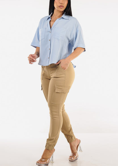 Short Sleeve Button Up Woven Shirt Light Blue