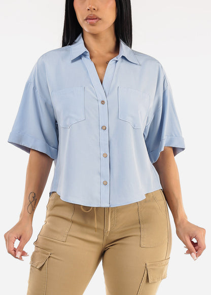 Short Sleeve Button Up Woven Shirt Light Blue