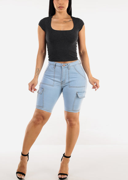 Stretchy Cap Sleeve Square Neck Top Charcoal