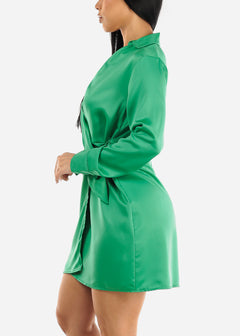 Satin Wrap Collared Mini Dress Green