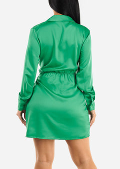 Satin Wrap Collared Mini Dress Green