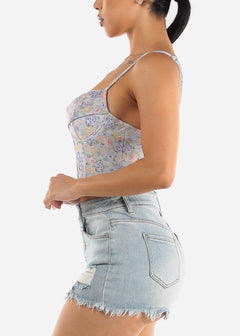 Sweetheart Corset Style Floral Crop Top Blue