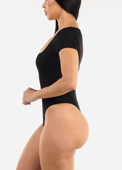 Black Square Neck Ribbed Thong Bodysuit