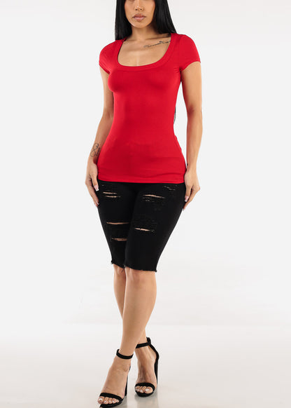 Short Sleeve Round Neck Stretch Ribbed Top Red