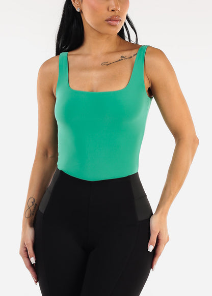 Sleeveless Square Neck Stretch Thong Bodysuit Green