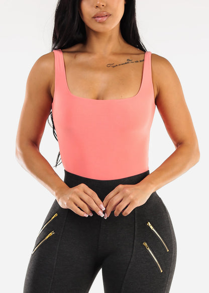 Sleeveless Square Neck Thong Bodysuit Coral