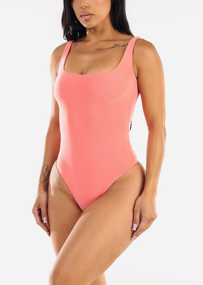 Sleeveless Square Neck Thong Bodysuit Coral