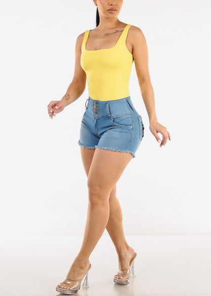 Wide Square Neck Ribbed Thong Bodysuit Yellow