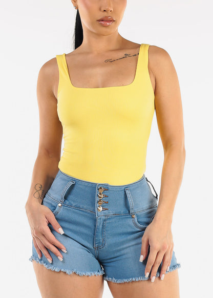 Wide Square Neck Ribbed Thong Bodysuit Yellow