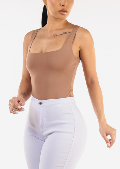 Sleeveless Square Neck Thong Bodysuit Light Brown