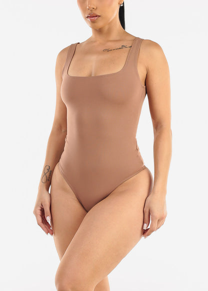 Sleeveless Square Neck Thong Bodysuit Light Brown